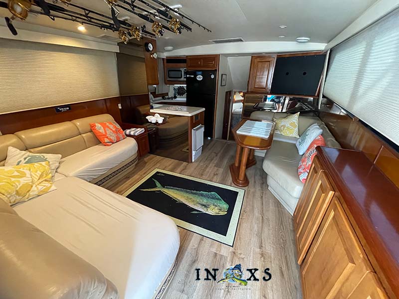 inside the INXS salon Kitchen of a 47 ft Viking Convertible